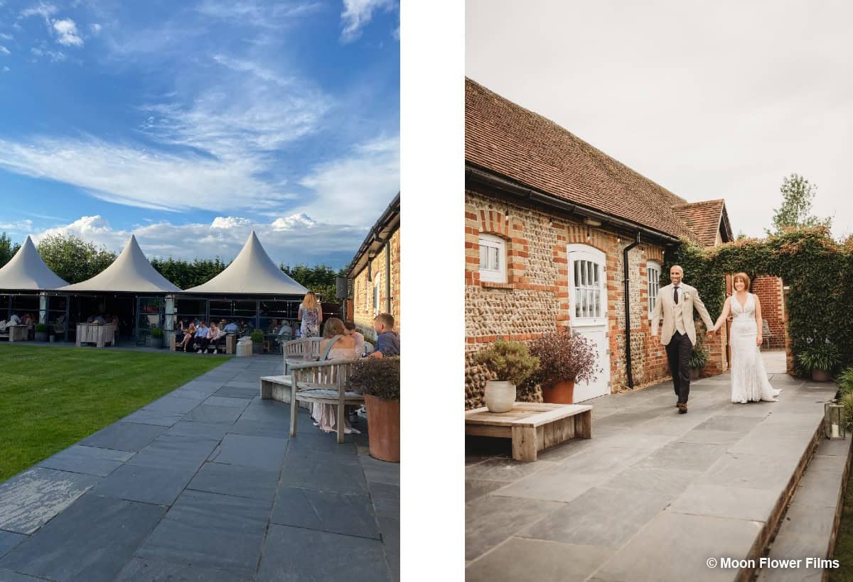 Couple walking past Red Brick building Ceremony Room: Moon Flower Films